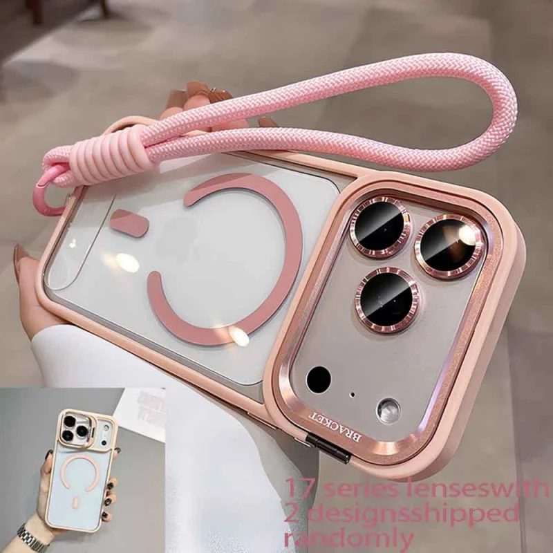 Luxury Orange Lanyard Magnetic Wireless Charging Phone Case with Metal Lens Holder