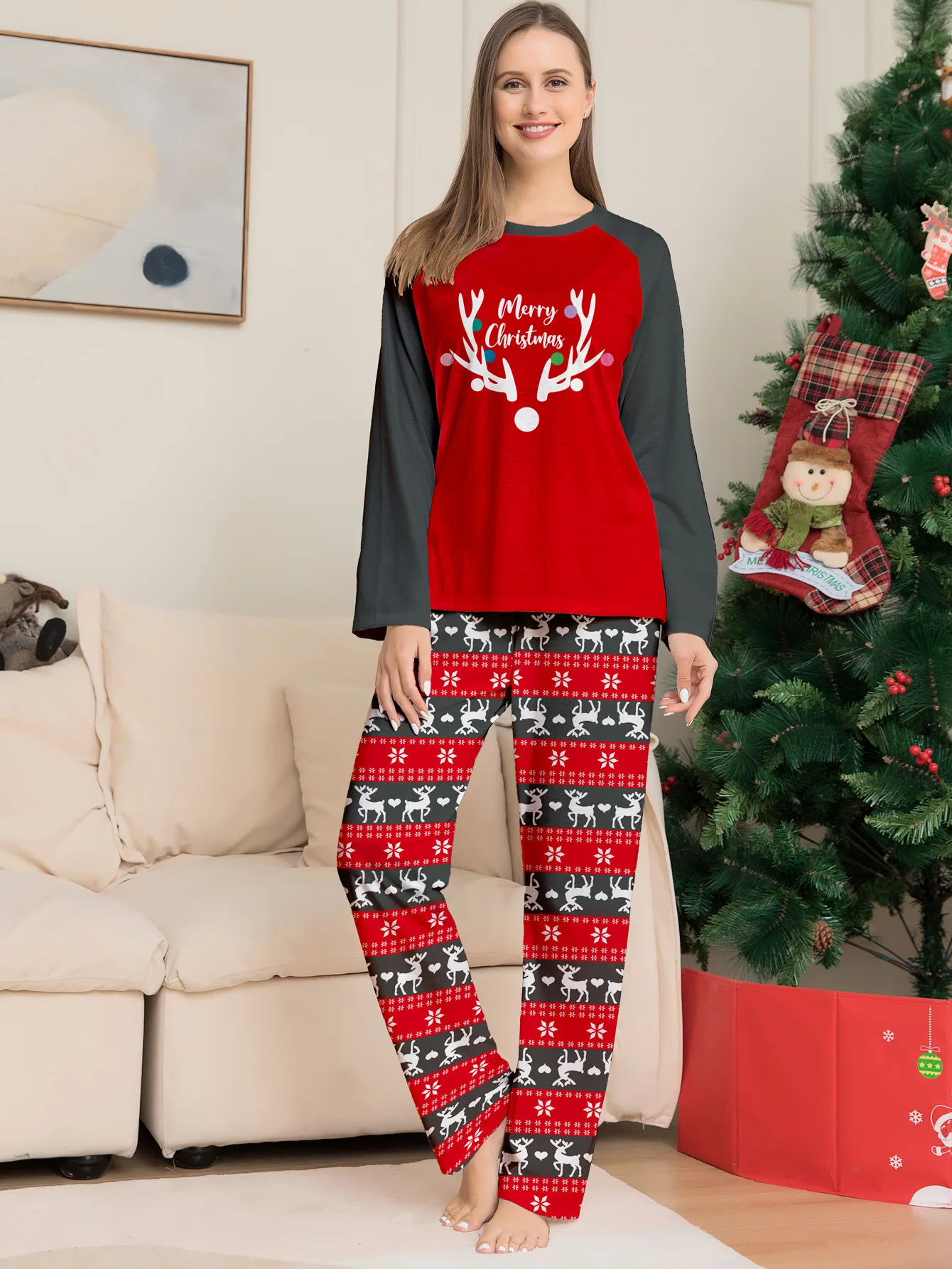 Family deer head printed Christmas family set Dad Mom kids long sleeve Halloween home dress pajamas dog suit