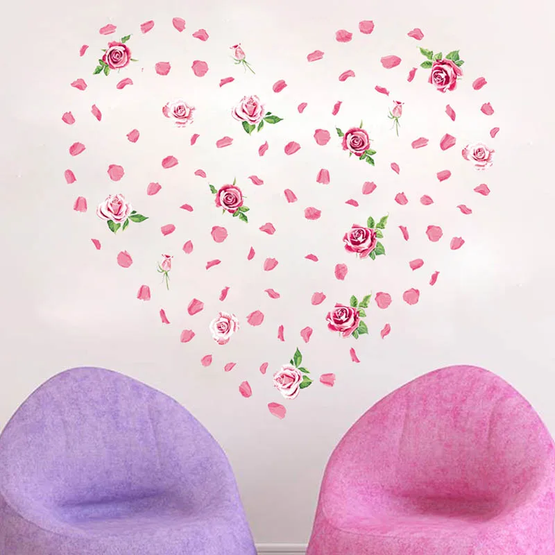 

Pink Rose Petals Wall Stickers Romantic Arrangement Self-adhesive Removable Vinyl PVC Home Decor for Living Room Bedroom