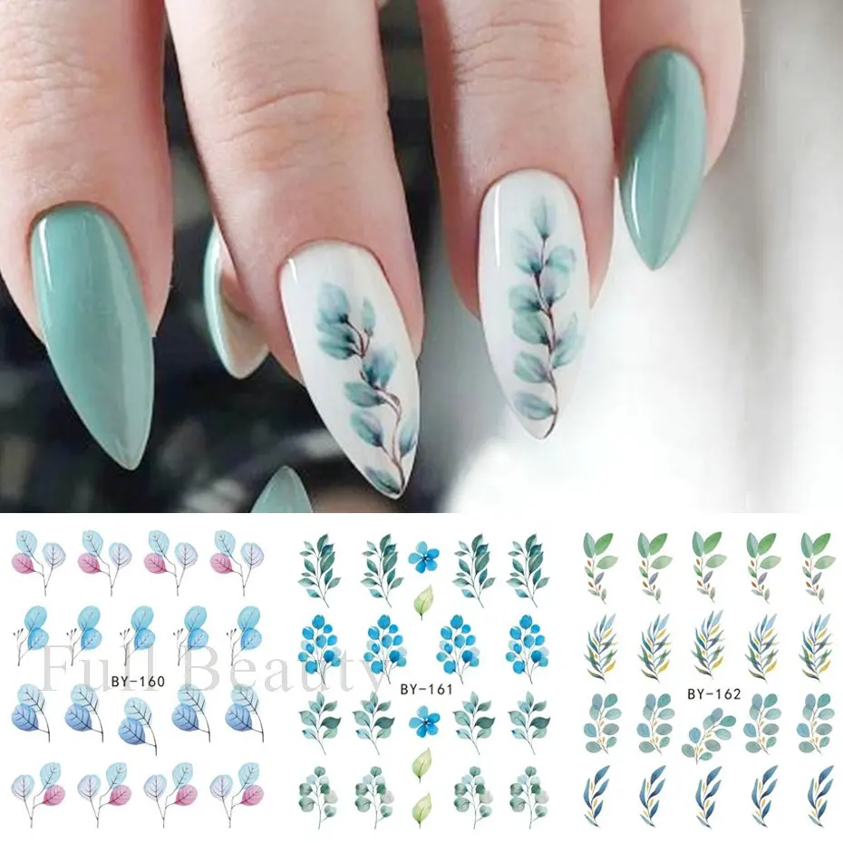 12pcs Green Leaves Stickers for Nails Summer Water Decals Watercolor Leaf Flower Nail Tattoos Slider Decorations LABY157-168 nail stickers nail art decoration nail decals