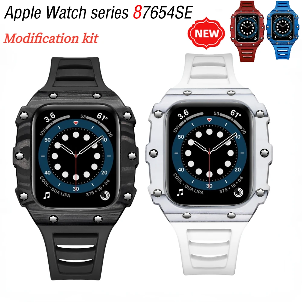 Modification Kit Strap for Apple Watch 8 7 6 5 4 SE Rubber Strap+Carbon Fiber/Ceramic Case for iWatch Series 45mm 44mm 40mm 41mm