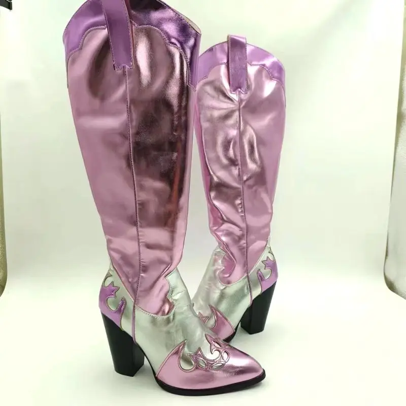 

Fashion Western Cowboy Cowgirl Boots Thick Heel Pointed Color Matching Patent Leather Punk Retro Purple Boots Tall Riding Boots