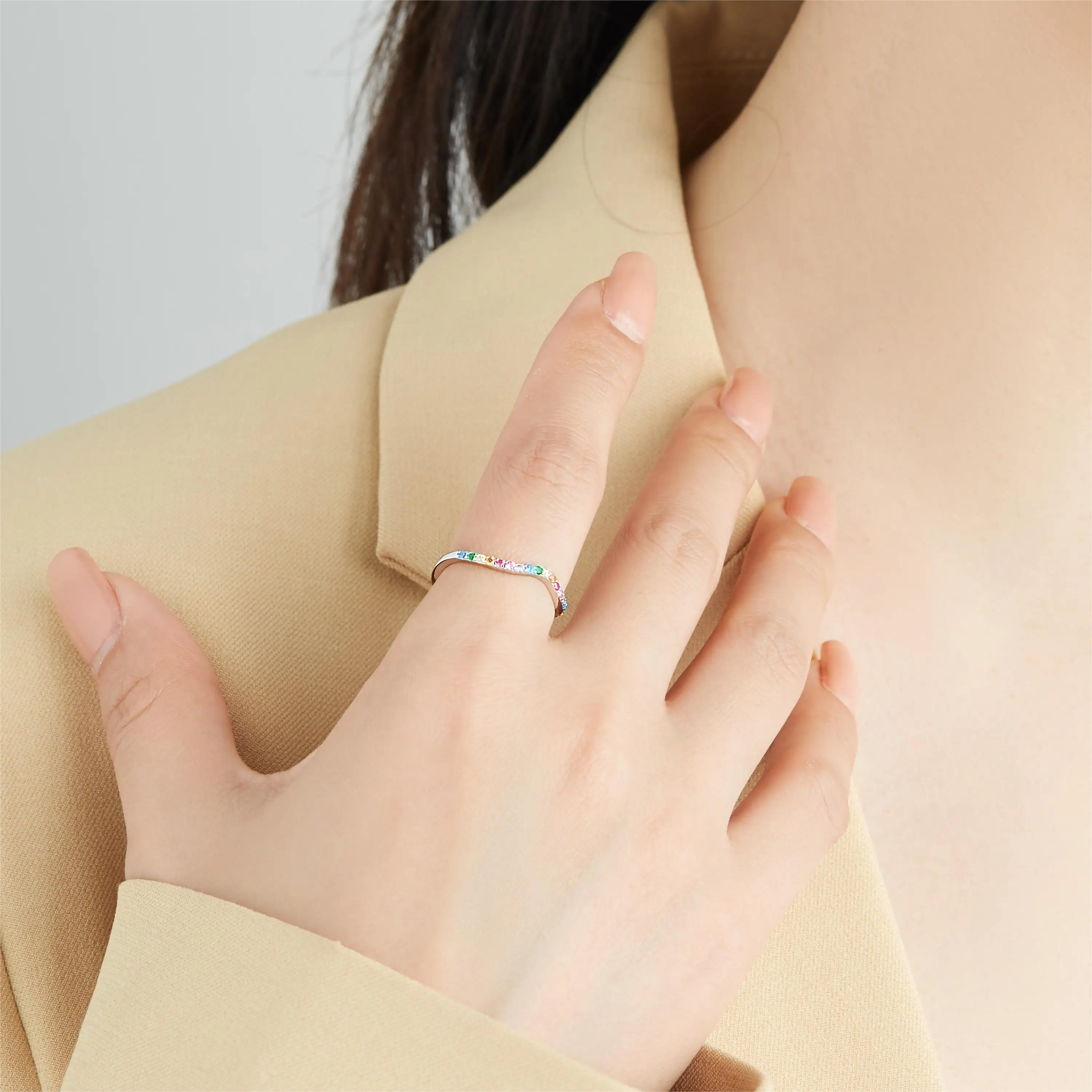 LEKANI Real 925 Sterling Silver Irregular Trendy Round Rings For Women Rainbow Zircon Fine Jewelry For Women Gift