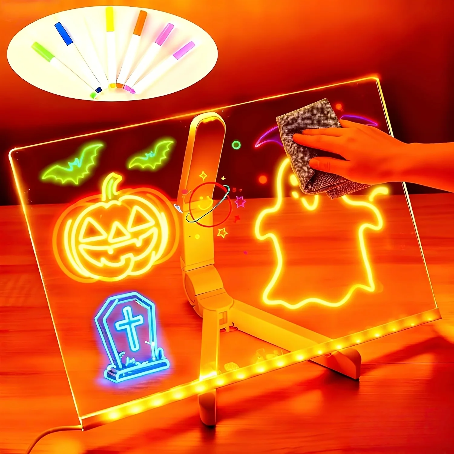 LED 조명 아크릴 메시지 보드 1세트, 탈부착 및 지울 수 있는 USB 드로잉 보드, 스탠드가 있는 재사용 가능한 낙서 보드, 7가지 색상