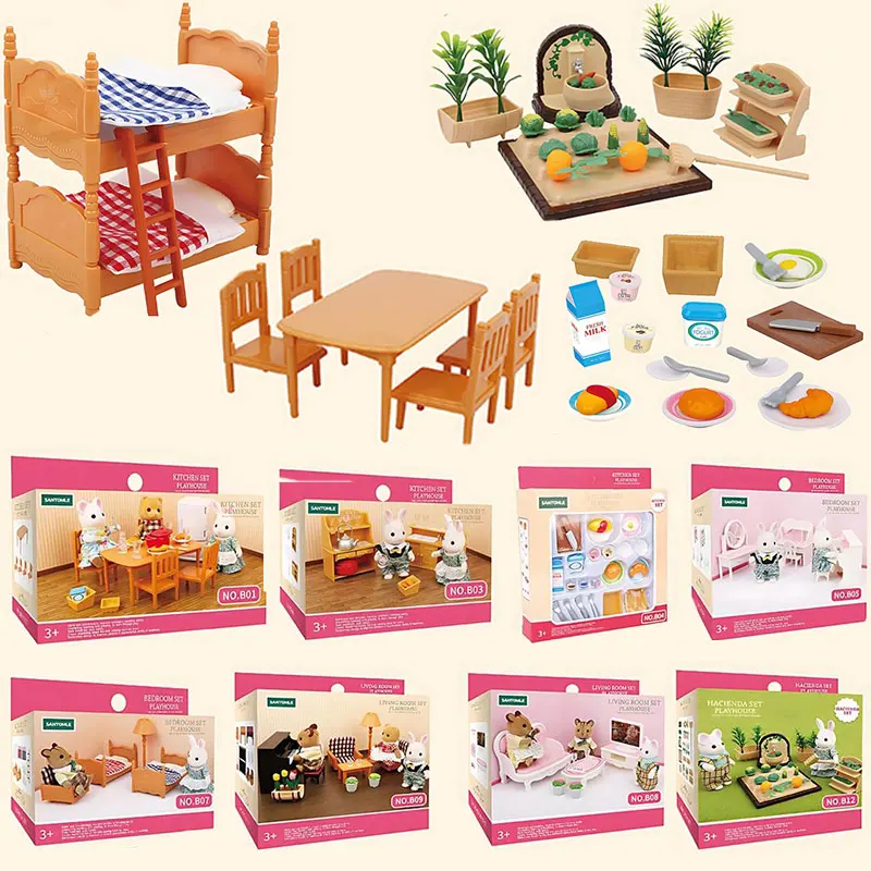 Forest family dollhouse furniture 1:12 miniature doll house kitchen bedroom bathroom accessories for girl gifts