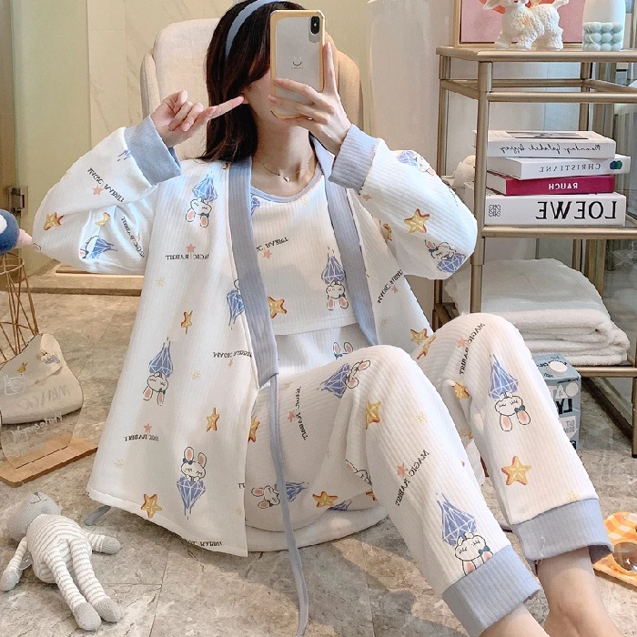 Ensemble de Pyjamas en Coton Épais pour Femme Enceinte, Vêtements  d'Allaitement, Tenue de Maison, 3 Pièces, Automne et Hiver