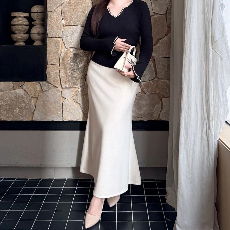 XXXL Fashion Premium Waltz Acetate Wool Knitted Fishtail Bottoms French Autumn And Winter Plus Size Women Mermaid Skirts 9425