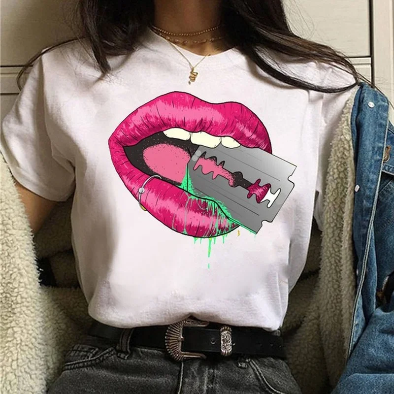 

Blade on Mouth Print T Shirt Women Short Sleeve O Neck Loose Tshirt Women Causal Tee Shirt Tops Camisetas Mujer