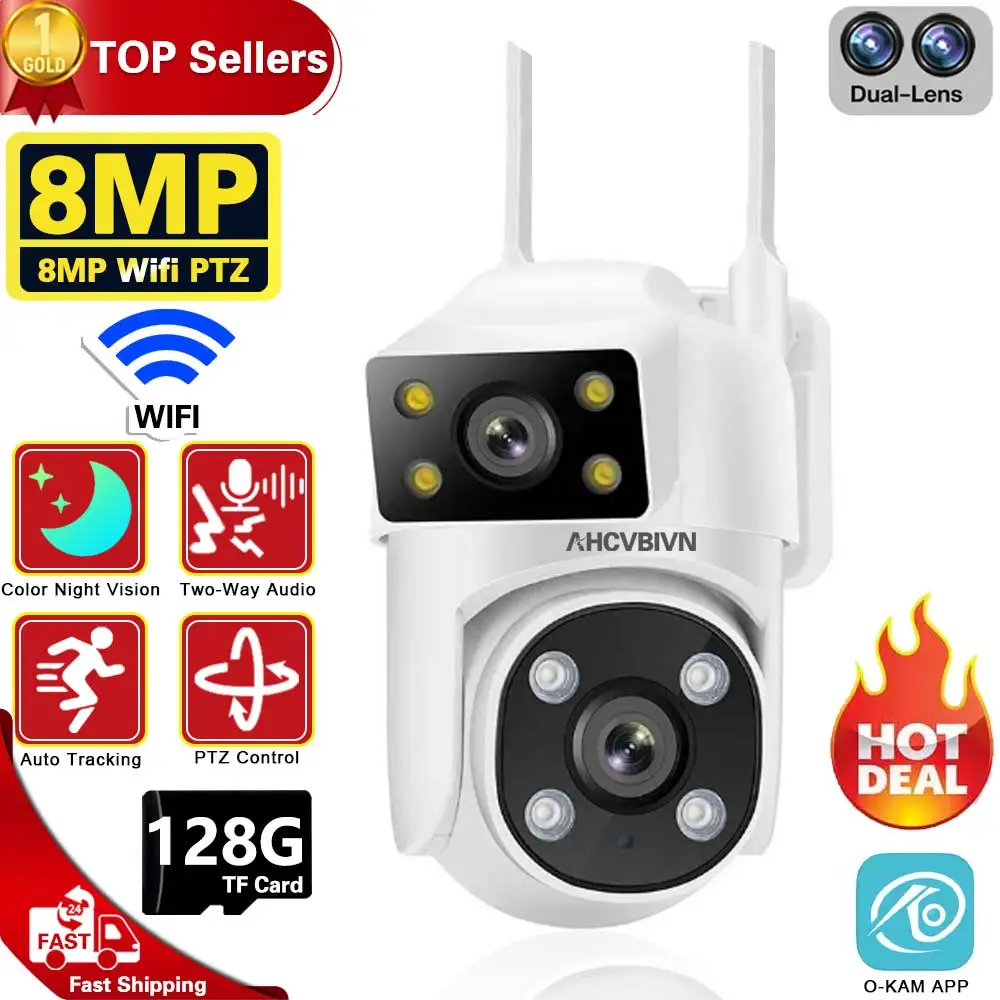 

8MP 4K WIFI IP Camera PTZ Dual Lens with Dual Screen Ai Human Detect Night Vision Outdoor Wifi Surveillance Camera O-Kam APP