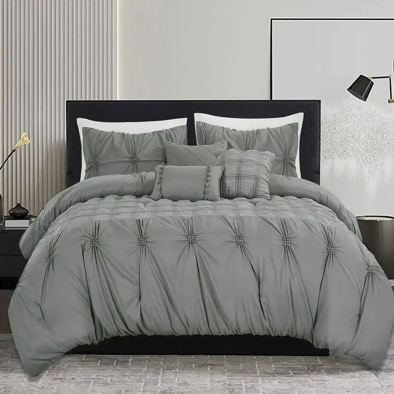 

7 Piece Comforter Set Bed in A Bag, Needle Stitch Pinch Pleat Design, , Grey