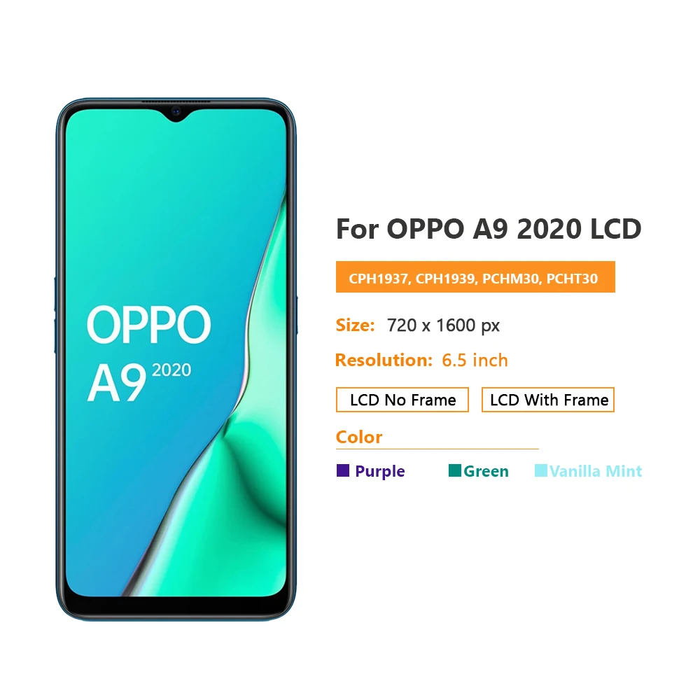 OPPO A9 2020 LCD, OPPO A9 2020 LCD 터치 스크린 디지타이저 디스플레이 교체, CPH1937 CPH1939 PCHT30 LCD, 6.5 인치