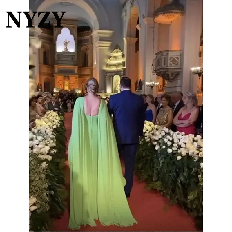 NYZY M425 Green Evening Gowns Chiffon Cape Cloak Sleeves Wedding Party Mother of the Bride Groom Dresses