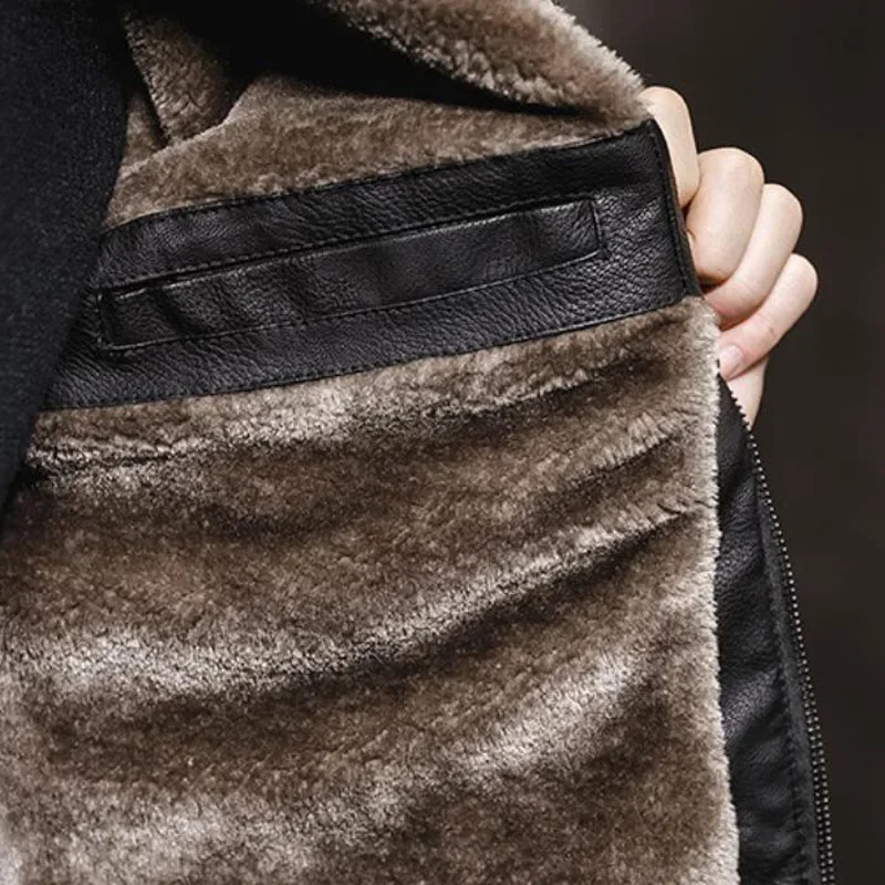 Men Thick Leather Jacket Winter Plush Warm Fashion Windproof Faux Fur Collar Business Casual Coat Brand Male Zipper Cardigan
