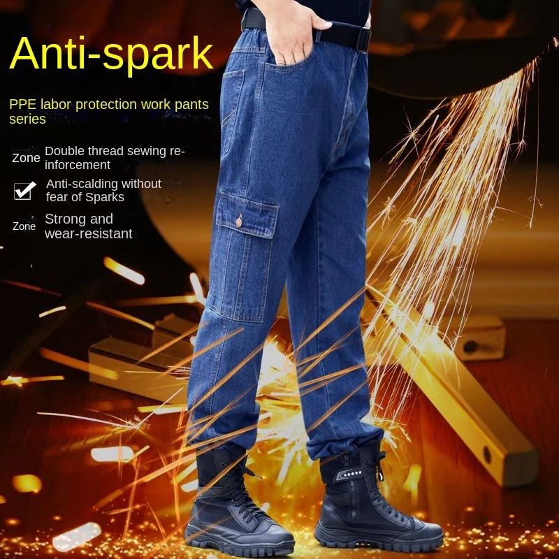 WorkPantsMensCottonThickenedWearresistantLooseElectricWelding