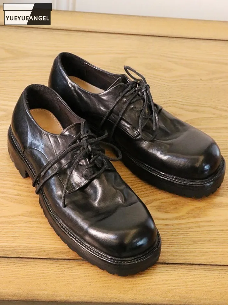 HorsehideShoesMenVintageSquareToeBusinessWorkFormalDerbyShoes