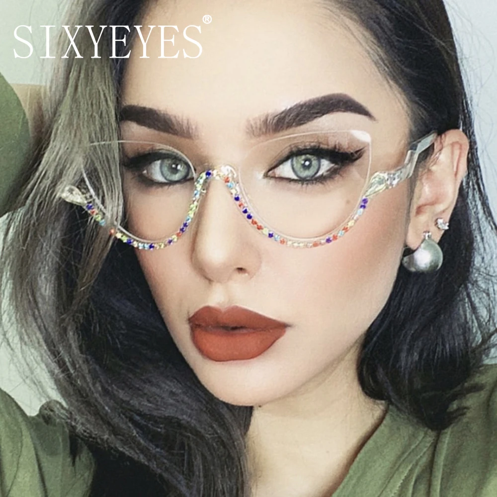 Women Diamond Cat Eye Sunglasses Semi-Rimless Sun Glasses Crystal Frame Rhinestone Eyewear fashion sunglasses women glasses