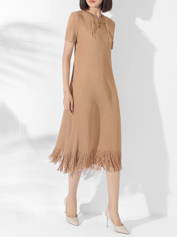 MIYAKE new Chinese style temperament slimming women's style wearing high-end mid to long qipao tassel dress [0690]