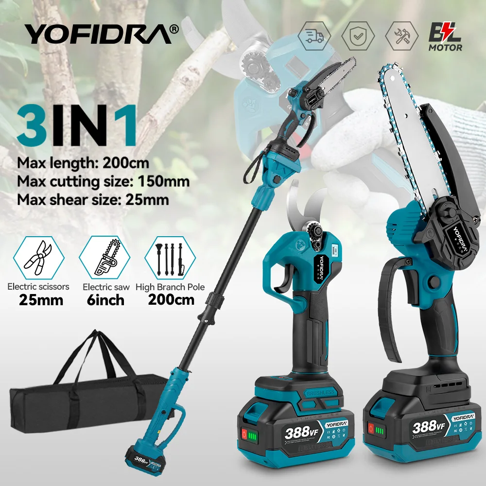 YOFIDRA Brushless Electric Chainsaw, telescoping pole high scalable pruner shear garden tool compatible with Makita 18V battery pin