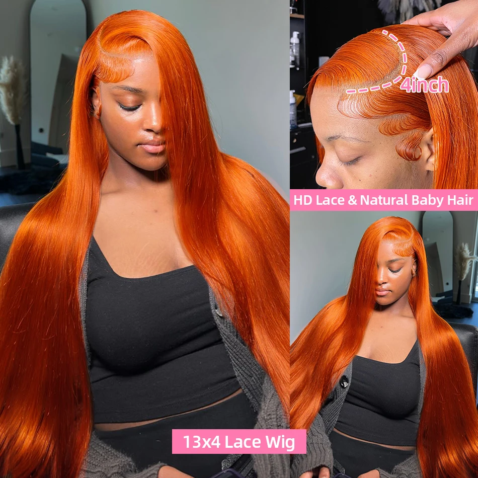 Straight Ginger Orange Colored 13x4 Lace Front 13x6 Lace Frontal human hair wig 30 40 Inches