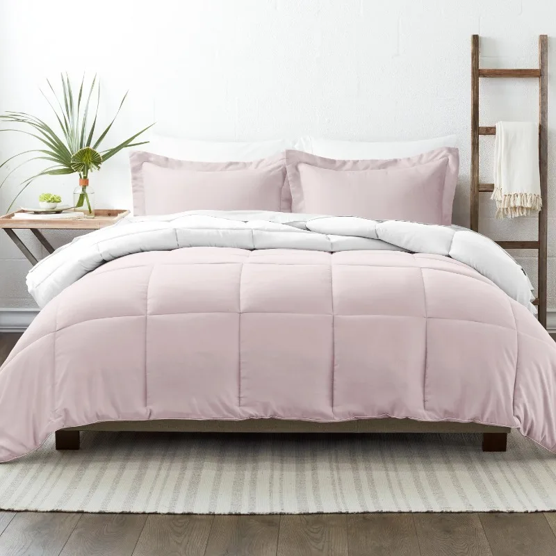

Noble Linens 3-Piece Blush & White Reversible Down Alternative Comforter Set, Full/Queen