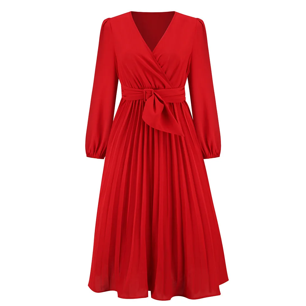 Women's Long Sleeved Slim Fit Pleated Belt V-neck Dress A-line Skirt