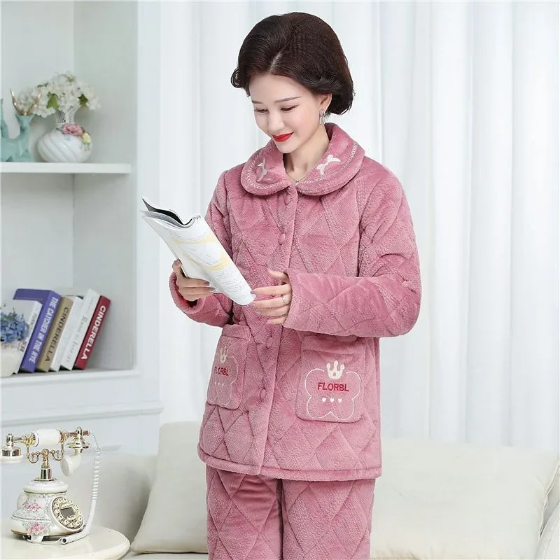 Cotton Pajamas Women's Winter New Three-layer Thickened Loungewear Coral Velvet Home Clothes Elderly Mother Sleepwear Outfit
