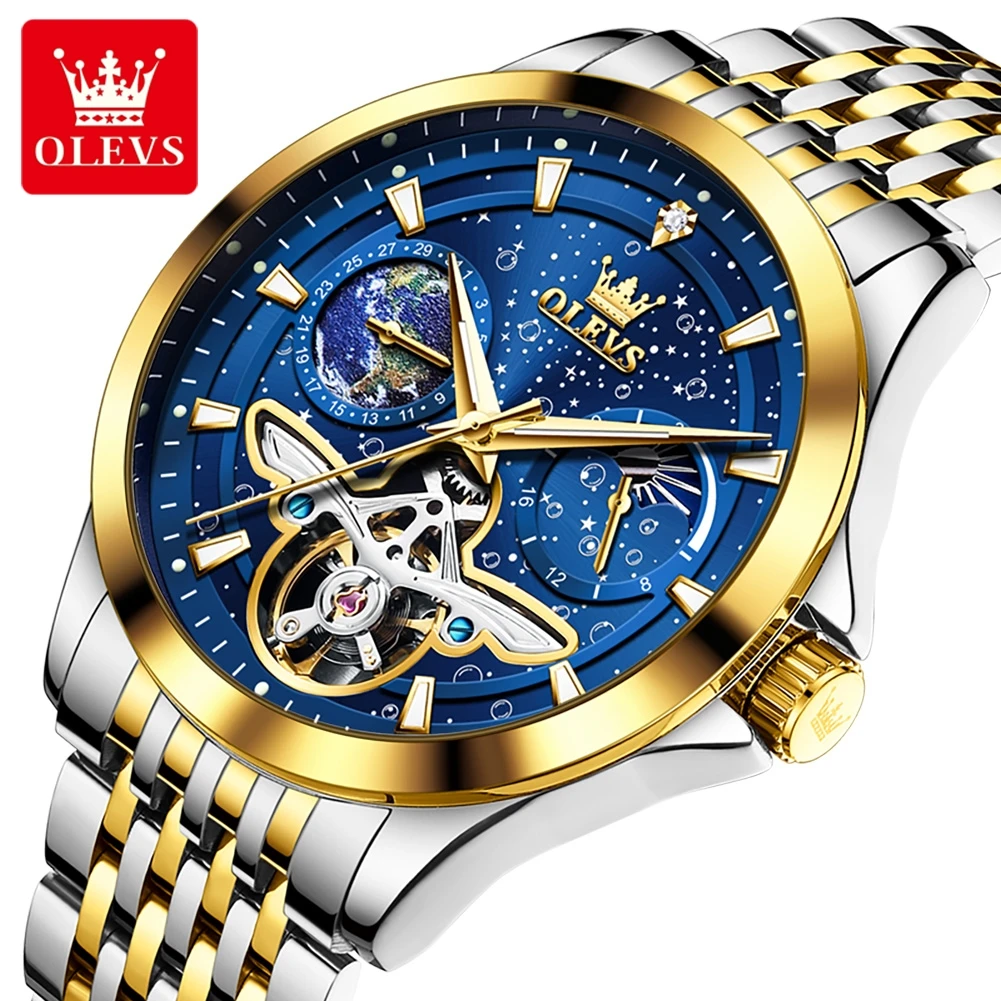 

Мужские классические механические часы с турбийоном, синие стальные часы, деловые водонепроницаемые часы, роскошные брендовые автоматические часы, мужские часы