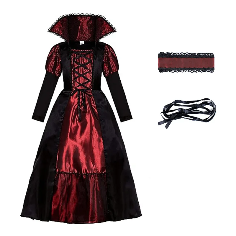 thumbnail image 1 of Vestido de Halloween de vampiro para niña, disfraz de novia fantasma gótica, disfraz de vampiro, princesa, reina, traje de carnaval, ropa negra y roja, 1 of 4