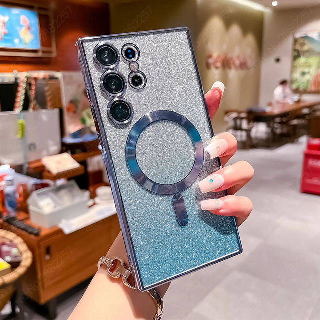 Glitter Luxury Magnetic Woman Case For Magsafe For Samsung Galaxy S24 S23 S22 Ultra Plus Accessories Wireless Charging Cover - For Galaxy S22, Light Blue