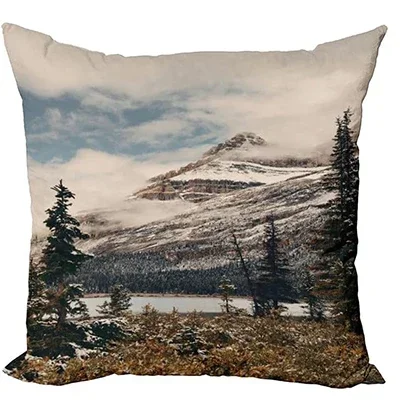 Short Plush Cushion Cover, Snow Mountain Forest Natural Outdoor Landscape Pattern Printed Pillowcase 45x45 pillow case