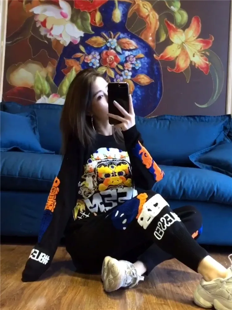 플러스 사이즈 레터 패턴 자수 바지 세트 투피스 세트 여성용 운동복, Sautmn 스트리트 스포츠 세트, 블랙 그레이