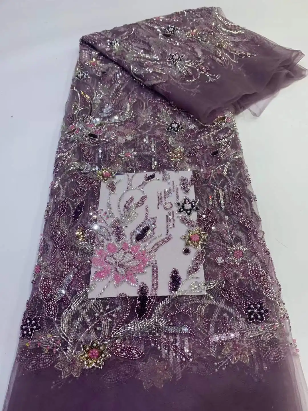 

High Quality African Handmade Beaded Sequins Lace Fabric French Luxury Embroidery Lace Fabric For Nigerian Wedding CD