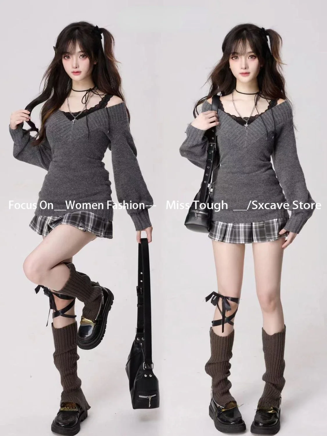 Knitted Suits Autumn Winter Woman V-neck French Vintage Long Sleeve Pullovers Knitwears 2000s Aesthetic Korean Sweater Sets Y2k 6