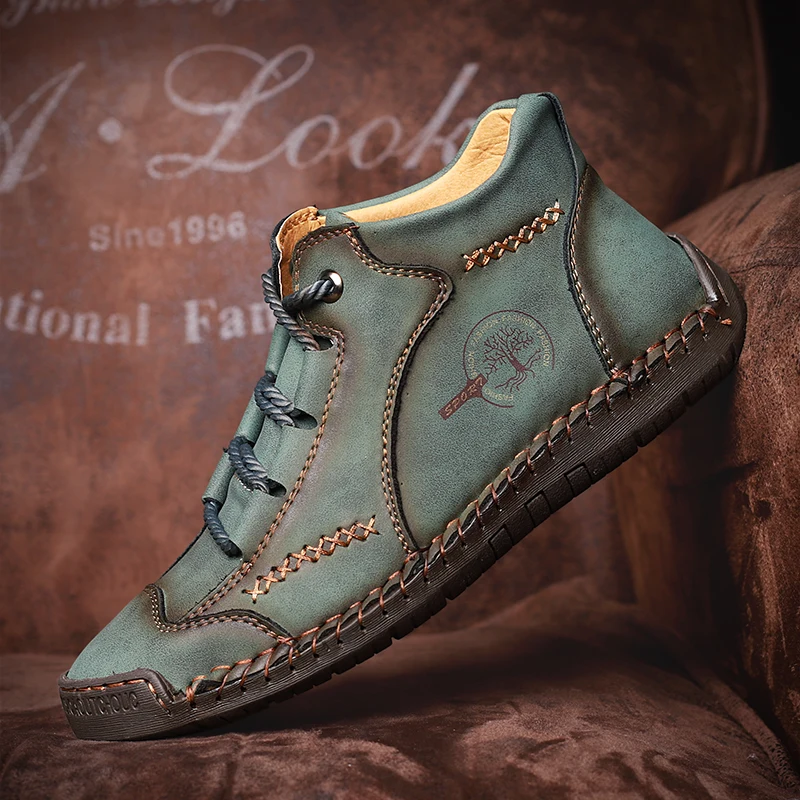Hand-stitching Leather Boots Men Shoes Casual Boots Fall Patent Retro Leather Ankle