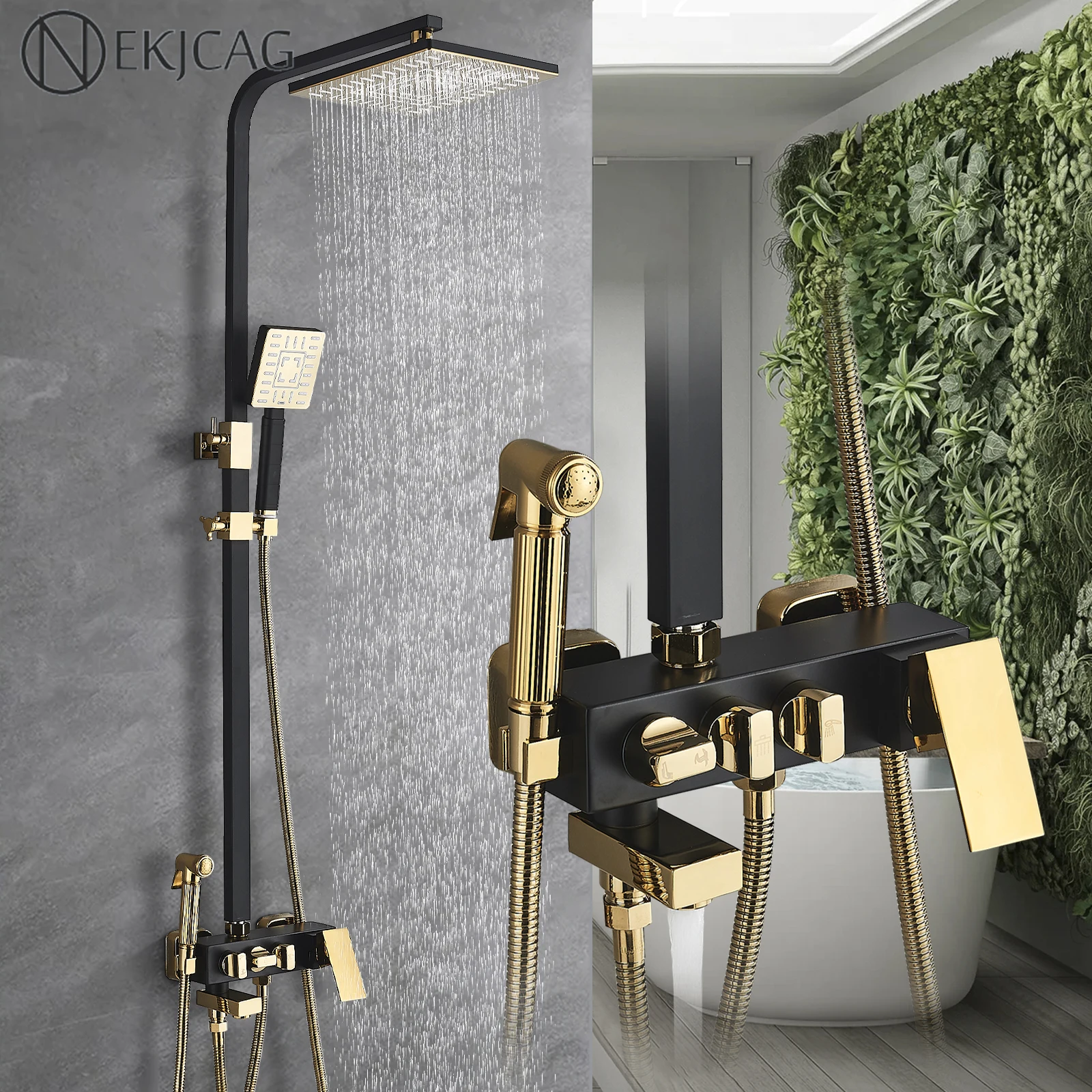 Black Gold Bathroom Shower Faucet Set Rainfall Bathtub Tap With Bidet 4 Function Hot Cold Water Mixer Wall Mounted Shower Column
