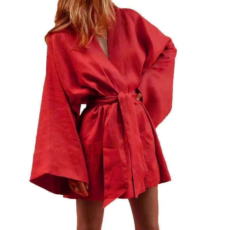 QWEEK Cotton Linen Robe Women's Nightwear Kimono Mini Bathrobes Lace Up Sleepwear Muslin Home Clothes Cardigan Women Nightie