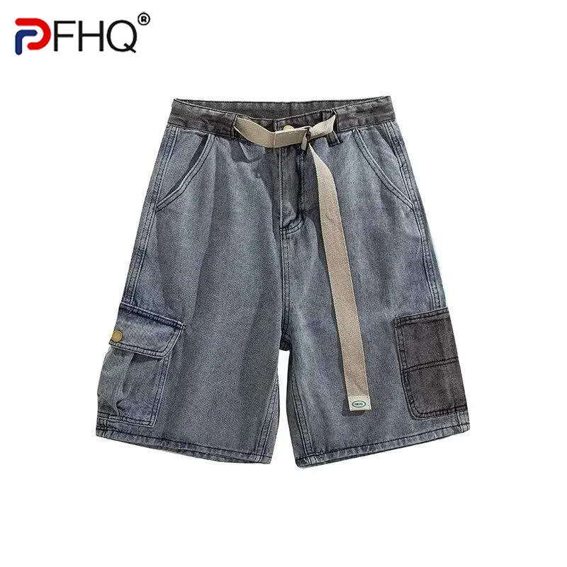 PFHQ Belt Workwear Denim Men's Shorts Straight Leg Wide Leg Patchwork Korea Fashion Casual Male Trousers 21E3258