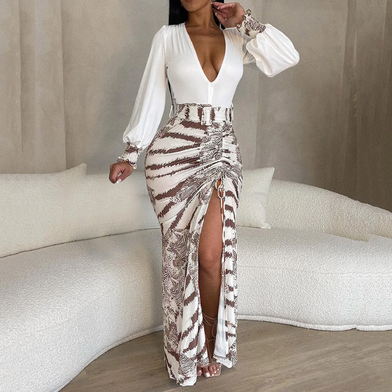 

Elegant Dresses For Women Summer Autumn 2023 Fashion Floral Printed Deep V-Neck Lantern Sleeves High Waist Belt Drawstring Robe