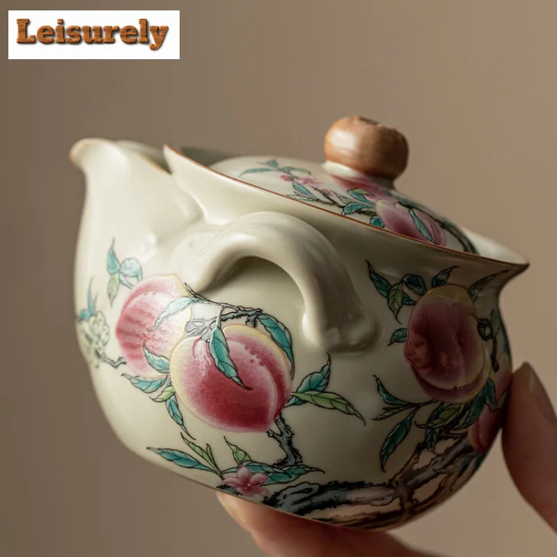200ml Handmade Ru Kiln Anti Scald Teapot Elegant Nine Peach Hand Grasp Pot Tea Making Kettle With Filter Tea Ceremony Craft Gift