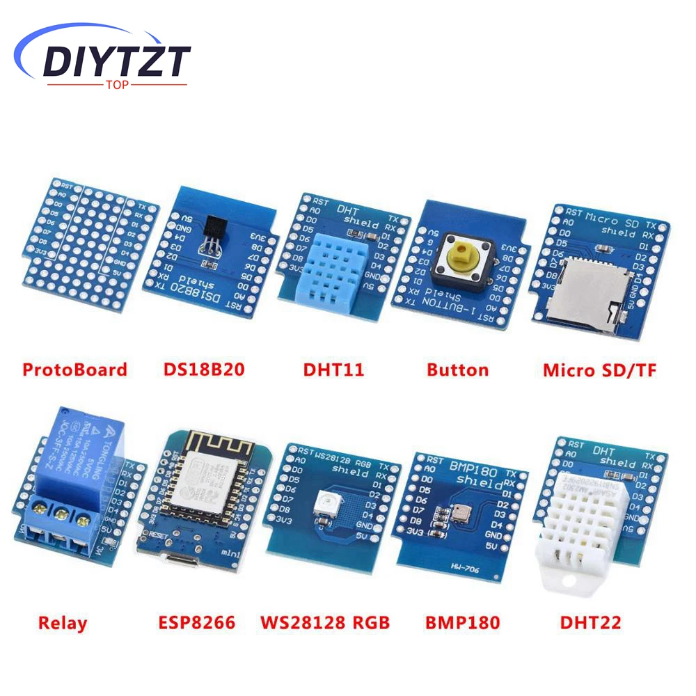 Wemos Diy 키트용 미니 프로 와이파이 개발 보드, Esp8266 D1 프로, Nodeu Ws2812 RGB Dht11 Dht22 Am2302 릴레이 Ds18b20 Bmp180 모터