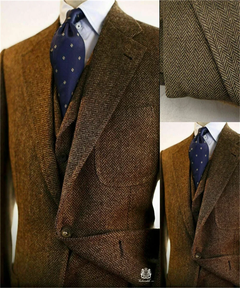 Regular Brown Mens Suits Slim Fit Herringbone Tweed Wool Blend Check Wedding Tuxedos Classic 3 Pieces Trajes De Hombre Blazer 4