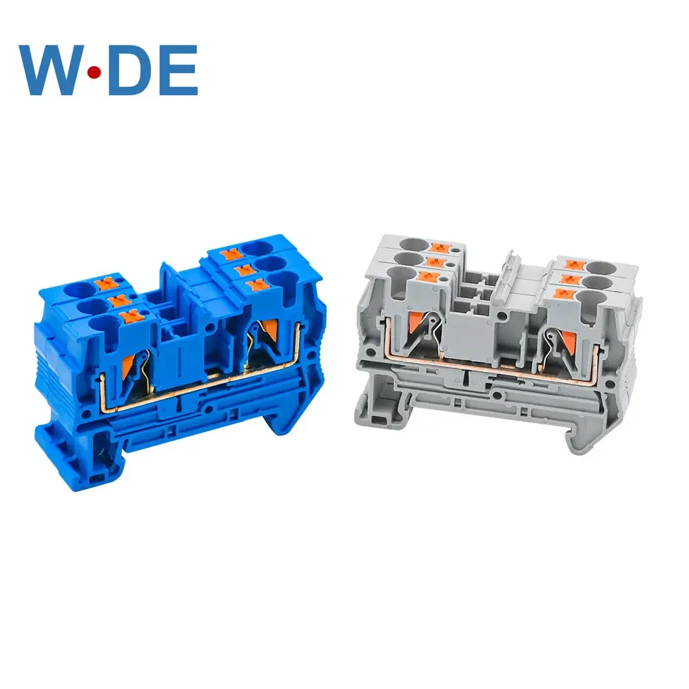 PT-4 Terminal Block Wiring Connectors 10Pcs Push In Din Rail Mounted Spring Screwless Feed Through Wire Conductors PT4 wire connectors din rail terminal block