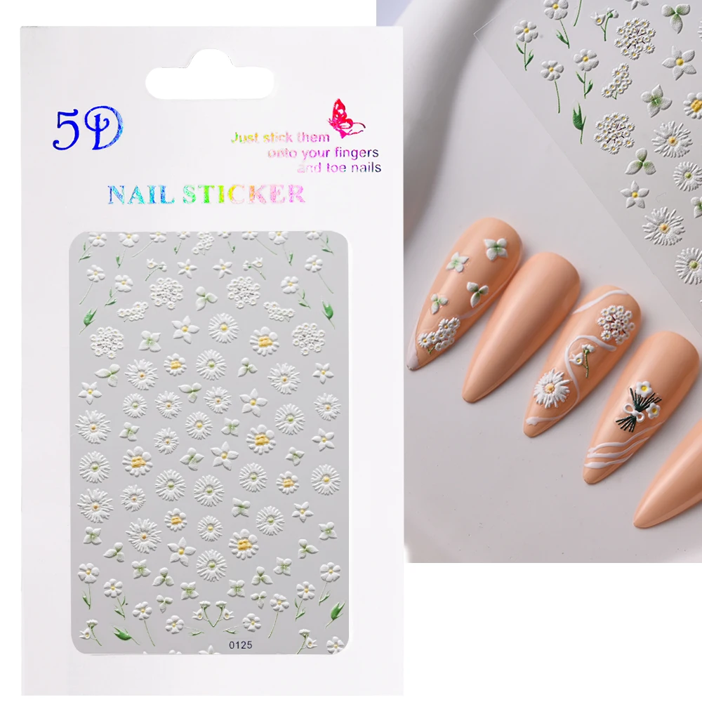 

1PCS 5D Daisy Flower Nail Charms Sticker Acrylic Embossed Engraved Slider Decals White Daisy Blossom Self-Adhesive Nail Stickers