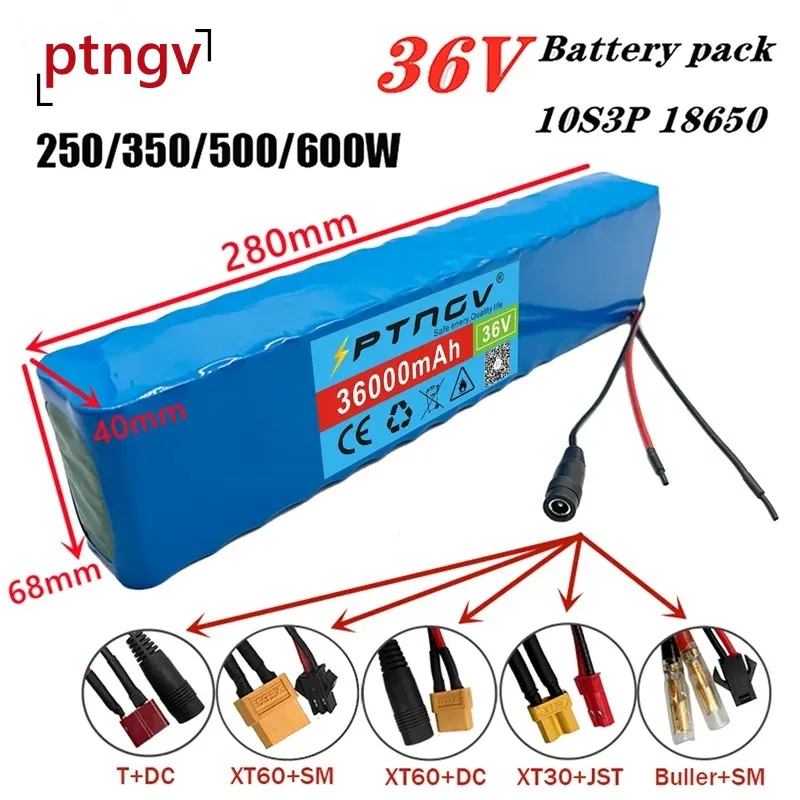 

Ptngv 36V 36Ah 18650 Rechargeable Lithium Battery Pack 10S3P 600W Power Modified Bicycle Scooter Electric Vehicle with BMS