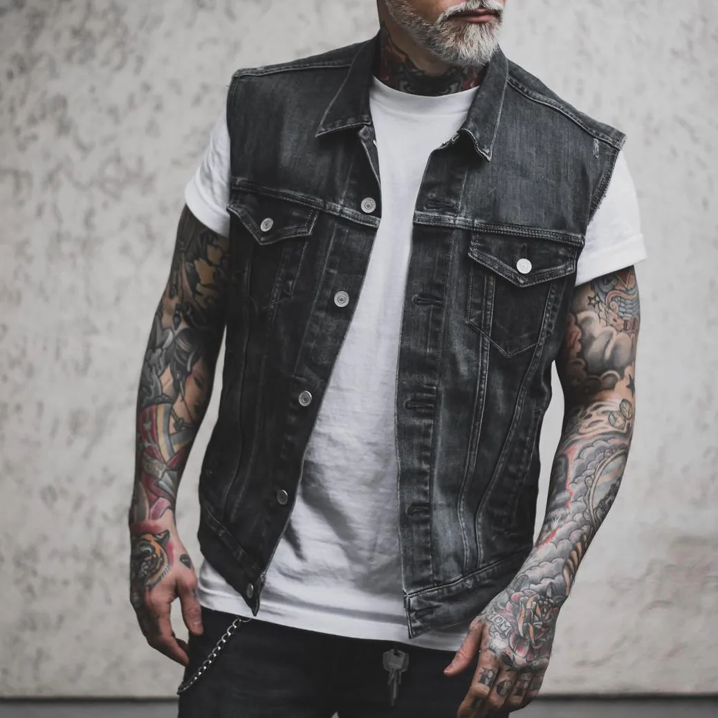 New Men's Denim Vest Printed Tribal Style Top, Men's Sportswear, Men's Denim Vest, Motorcycle Vest, Motorcycle Casual Jeans