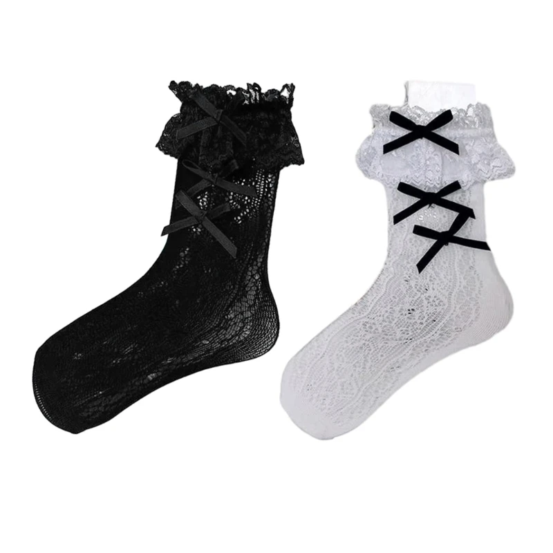 

Women JK Bowknot Lace Socks Ruffle Frilly Student Middle Tube Ankle Socks