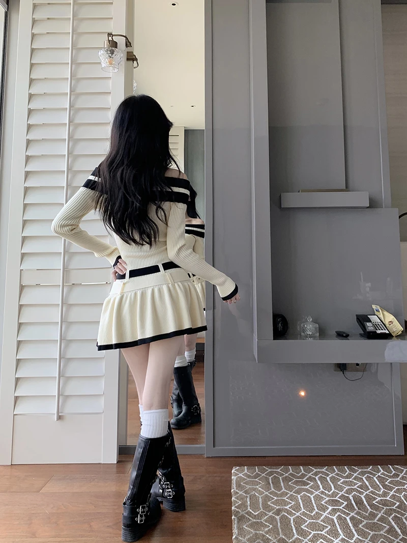 Y2K Slim Casual Knitted Mini Dresses Women Off Shoulder Elegant Korean Fashion Short Party Dress with Belt Autumn New Clothing
