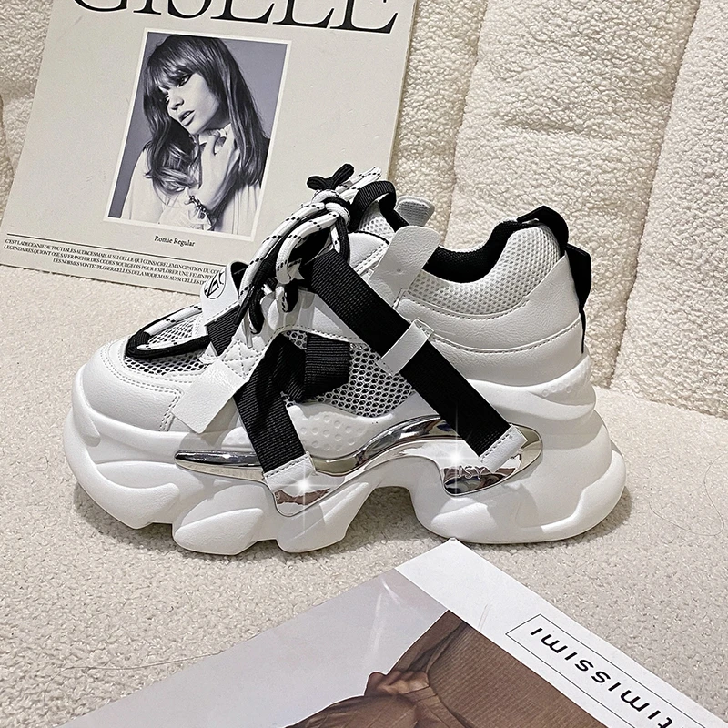 

Chunky Platform Sneakers for Women Leather Sports Shoes Ladies New Spring Thick Sole Non Slip Woman Mesh White Sneaker 8CM