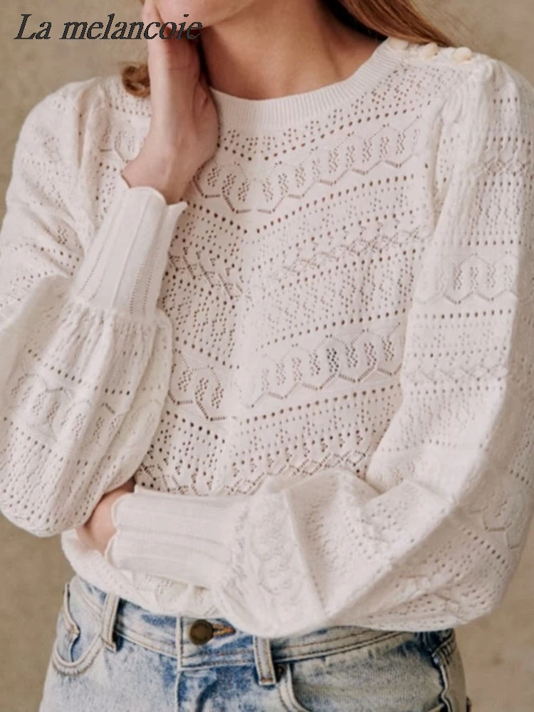 

Hollow Out Knit Pullover Woman Spring 2024 New Fashion Bubble Sleeve Sweater Long Sleeve French Loose Elegant Chic White Jumper