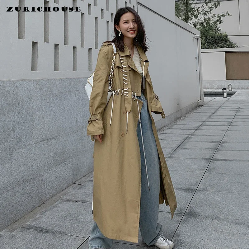 

Khaki Trench Coat for Women Spring Autumn High Street Stylish Irregular Bandage Spliced Design Double Breasted Lace-up Long Coat